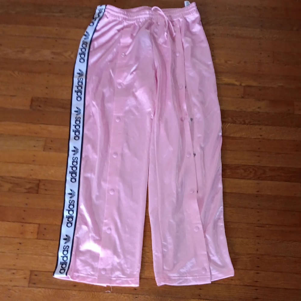 adidas Light Pink Satin Snap-Front Track Pants with White Side Tape
